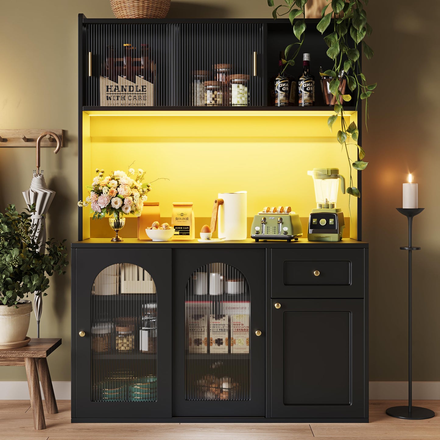 Merax Kitchen Cabinet with Worktop, Sideboard 120 Wide, Buffet Cabinet with Adjustable Shelves & Wine Rack, Tall Cabinet Kitchen Buffet with 4 Doors and 2 Drawers, Black, 120 x 40 x 188 cm