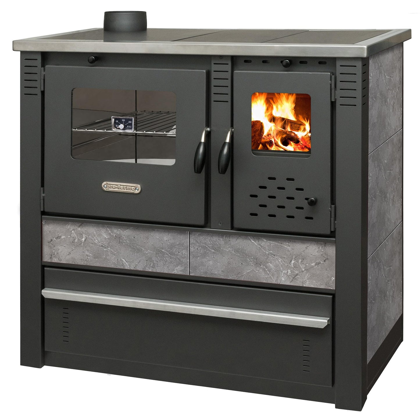 ProTermo Panonia Fireplace in Mocha with Left Flue - 10.54 kW Heating Output - 90 x 51 x 85 cm Wood Stove with Baking Compartment, Thermometer and Hob without Self-Closing Door - Type 2