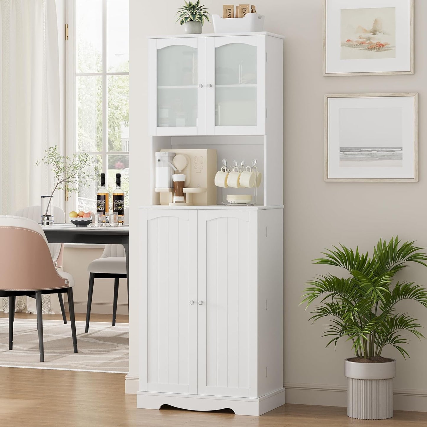 HOCSOK 181 cm Tall Kitchen Cabinet, Buffet Cabinet with Microwave Shelf and 8 Door Shelves, Freestanding Kitchen Storage Cabinet for Kitchen, Modern Style, White