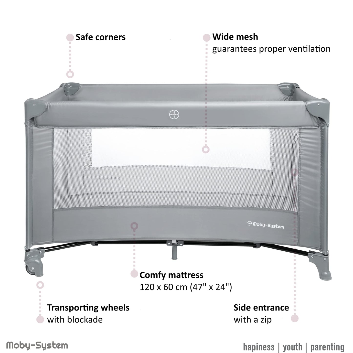 Moby-System Baby Travel Cot 128 x 68 cm - Foldable Children's Travel Bed with Mattress & Carry Bag - Playpen with Side Exit - for Babies up to 15 kg - Grey
