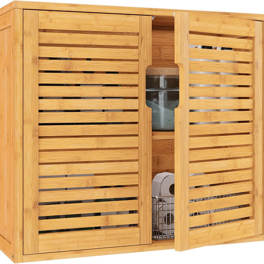 VIAGDO Bathroom Cabinet Hanging Bamboo Wall Cabinet Kitchen Cabinet Bathroom Shelf Medicine Cabinet with Height-Adjustable Shelf Bathroom Cabinet Wall Mounted Wall Shelf 20.7 x 59 x 51 cm
