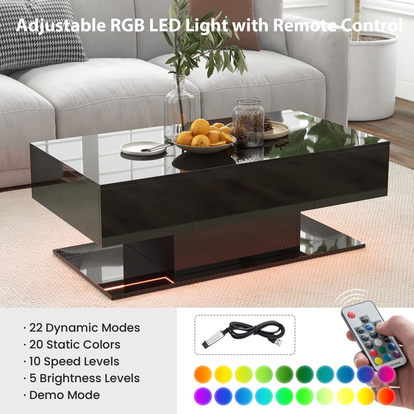 LIFEZEAL Coffee Table LED Lighting, Living Room Table High Gloss with Light Bar and Remote Control, Modern Sofa Table with 2 Drawers, Coffee Table for Living Room, Office (White)