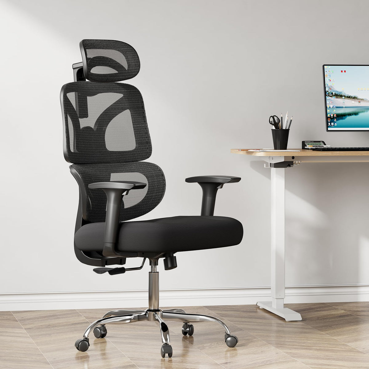 DEVAISE Ergonomic Office Chair with Adjustable Lumbar Support, High Backrest, Adjustable 3D Headrest, 5D Armrests, Rocker Function, Desk Chair for Office and Home Office, up to 180 kg, Black