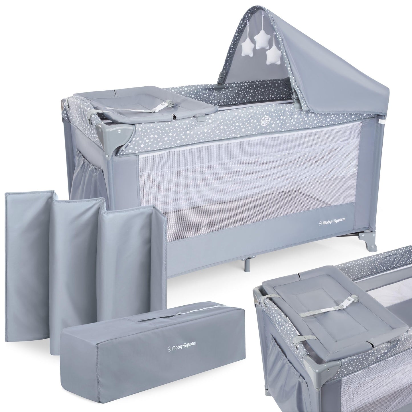 Moby-System Baby Travel Cot 128 x 68 cm - Foldable Children's Travel Bed with Mattress & Carry Bag - Playpen with Side Exit - for Babies up to 15 kg - Grey