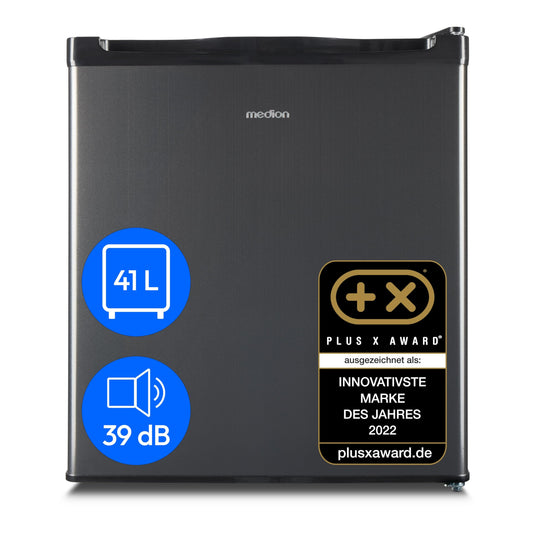 MEDION MD37724 Mini Fridge with Freezer (Small, Quiet, 41L Small Fridge for Office, Hotels, Mini Bar, Camping Gaming, Drinks Fridge, Food & Ice Cream, Interchangeable Door Hinge, Grey