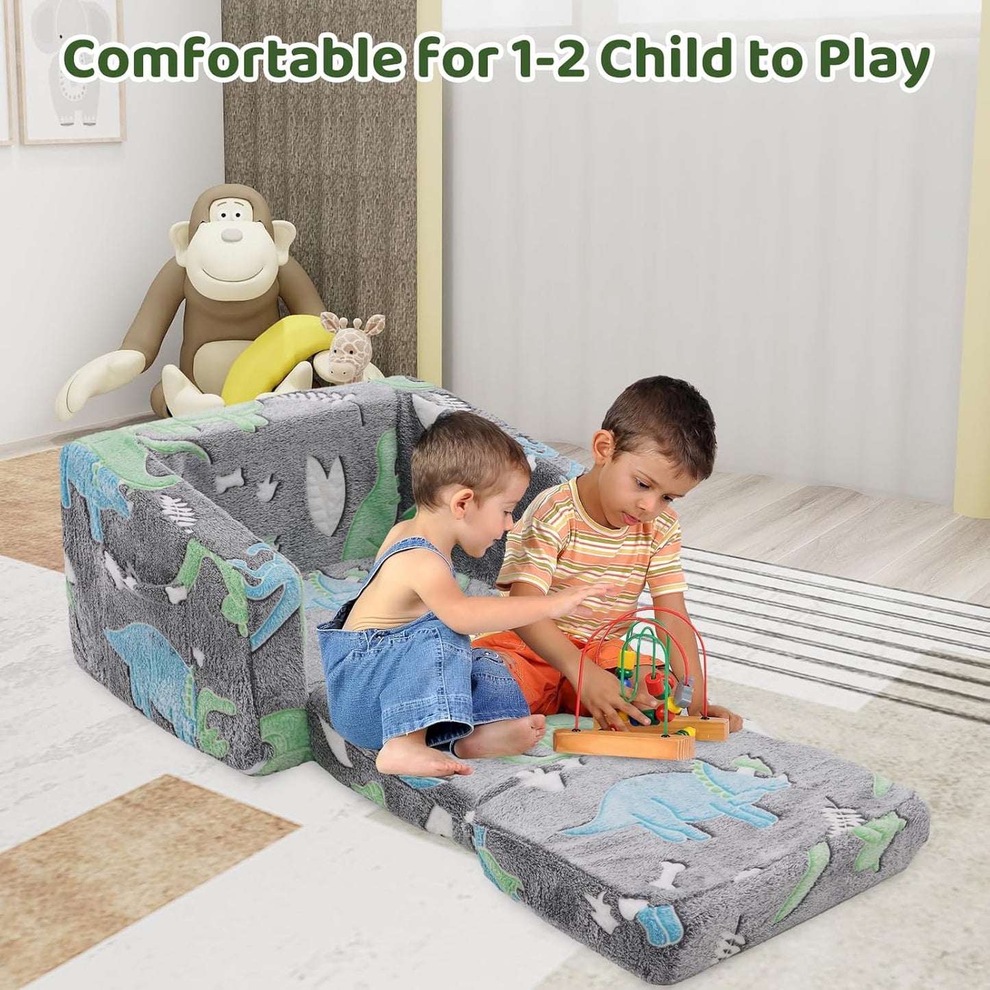 Children's Sofa, 2-in-1 Children's Sofa Fold-Out Sofa Bed, Removable and Washable, Mini Play Sofa for Boys and Girls Children's Room, Dinosaur Pattern