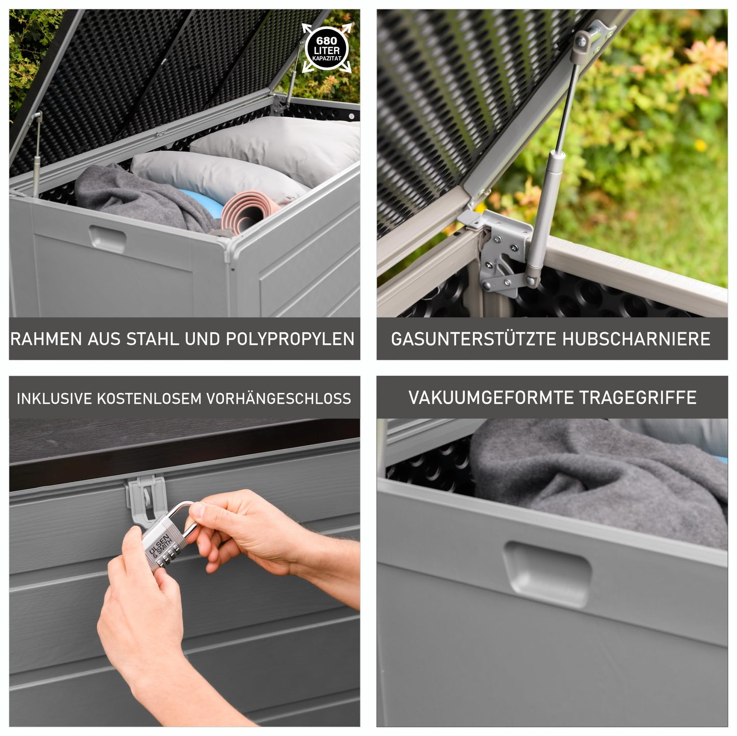 Olsen & Smith 270L Large Capacity Outdoor Garden Storage Box with Padlock Plastic Shed - Weatherproof and Stand Up with Wood Effect Chest (270L, Black)