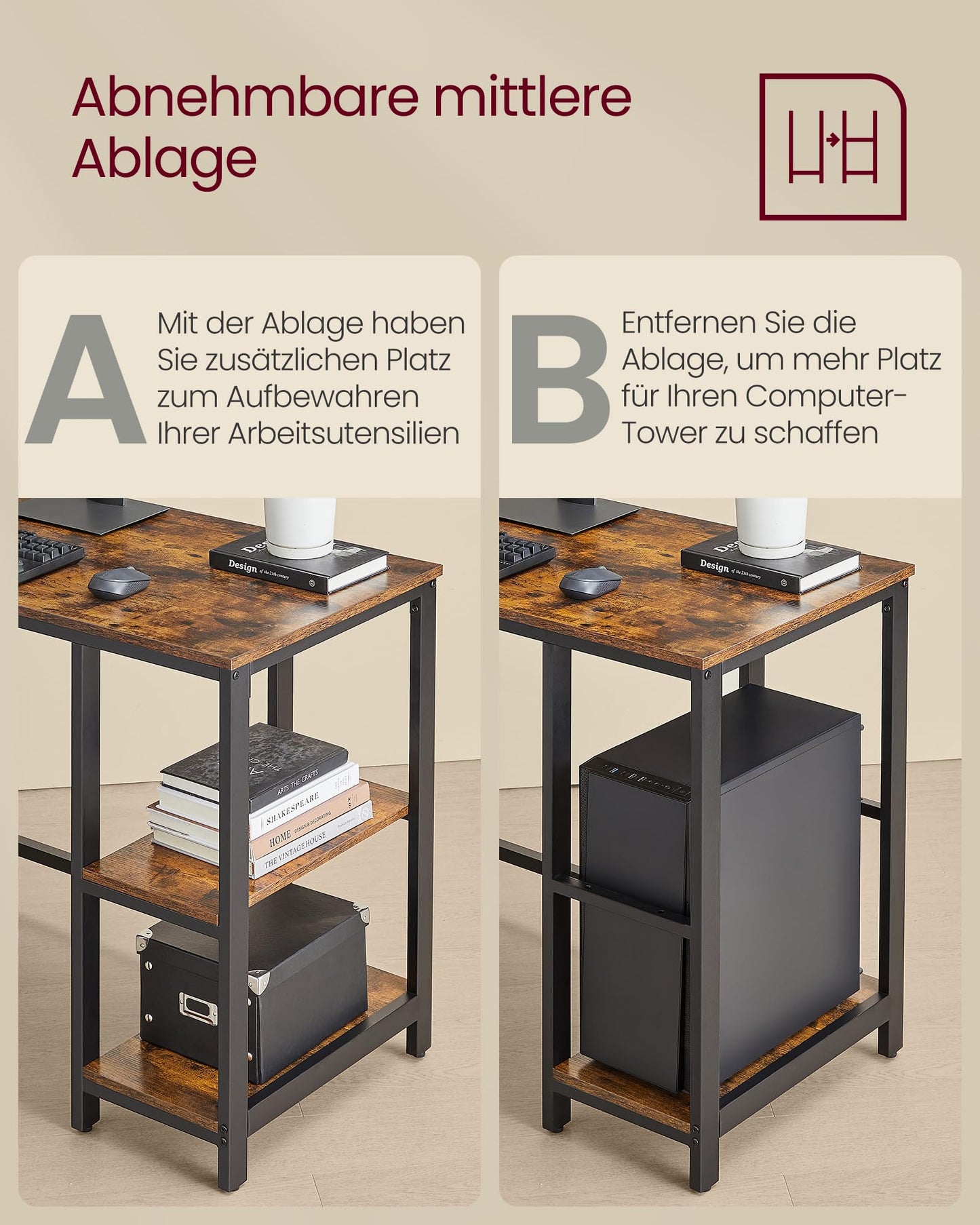 Vasagle L-Shaped Computer Desk, Corner Desk with 2 Shelves