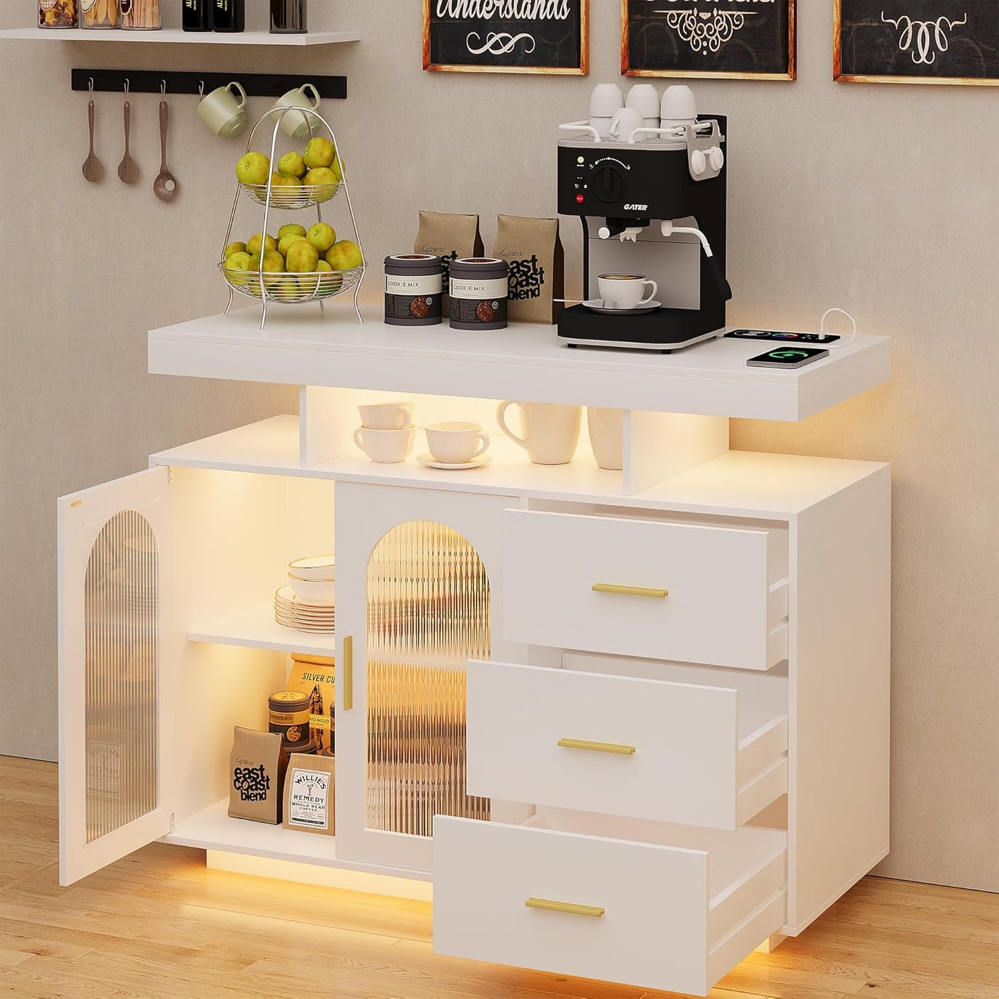 FREDEES Kitchen Cabinet Sideboard with 3 Drawers, Buffet Cabinet with Auto Sensor, 20 Colour Lights, Console Table with Charging Station, Touch Control Console, Coffee Bar Table for Kitchen, Dining