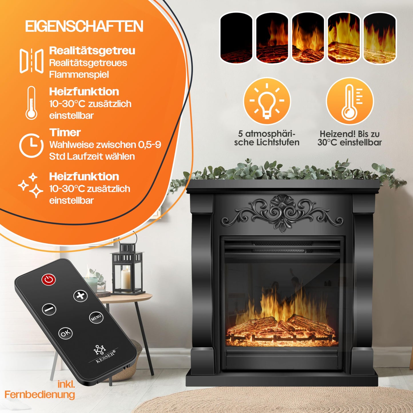 KESSER® Electric Fireplace with LED 3D Flame Effect, Heating Function, 1,800 W Power, Timer, Thermostat, Remote Control, Dimmable, Natural/Brown