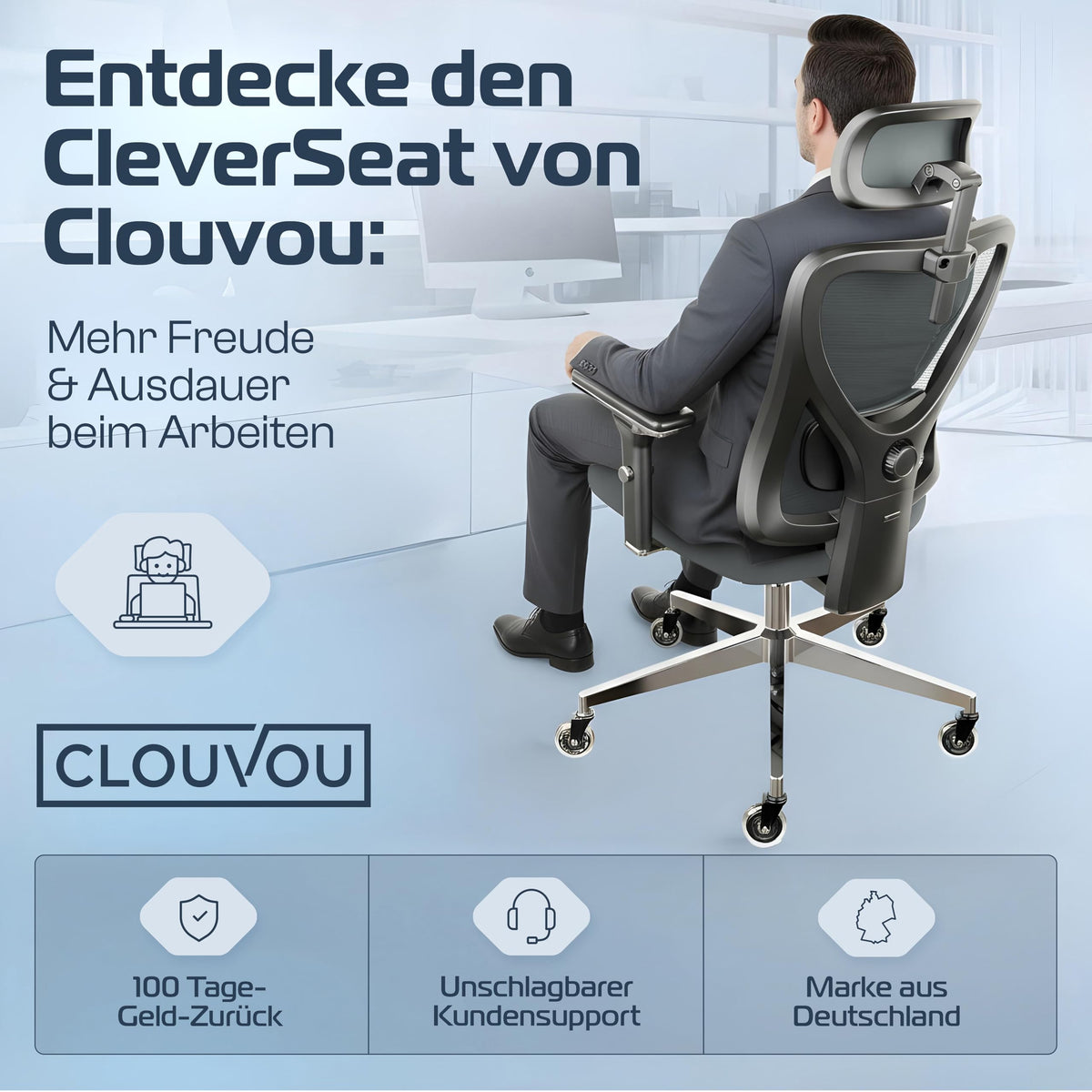 CLOUVOU BrightSeat Ergonomic Office Chair [Test Winner] Desk Chair 100% Individually Adjustable Office Chair & Gaming Chair Computer Chair Home Office Chair Ergonomic Swivel Chair 150 kg