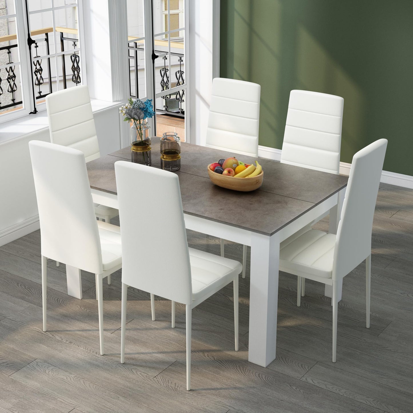 Mondeer Esstisch mit 6 Stühlen Set, Essgruppe mit Hochlehner Kunstleder Stuhl für Küche Esszimmer Wohnzimmer, W138 x D90 x H75 cm, Weiß und Grau