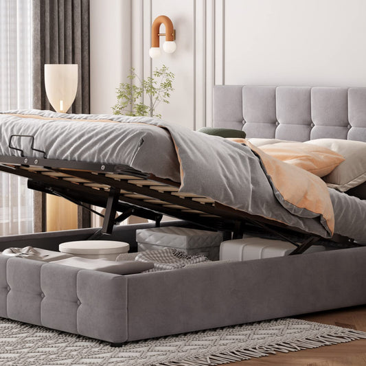 Gegtuon Upholstered Bed 140 x 200 cm, Double Bed with Headboard, Storage Bed Youth Bed with Hydraulic Storage Space Underbed, Functional Bed, Guest Bed, Bed Frame, Slatted Frame, Without Mattress,