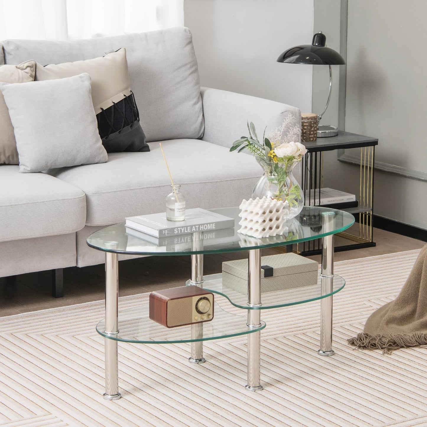 COSTWAY Glass Coffee Table, Glass Table, Oval, Living Room Table with 2 Shelves, Sofa Table, Coffee Table, Side Table for Living Room, 89 x 50 x 45 cm