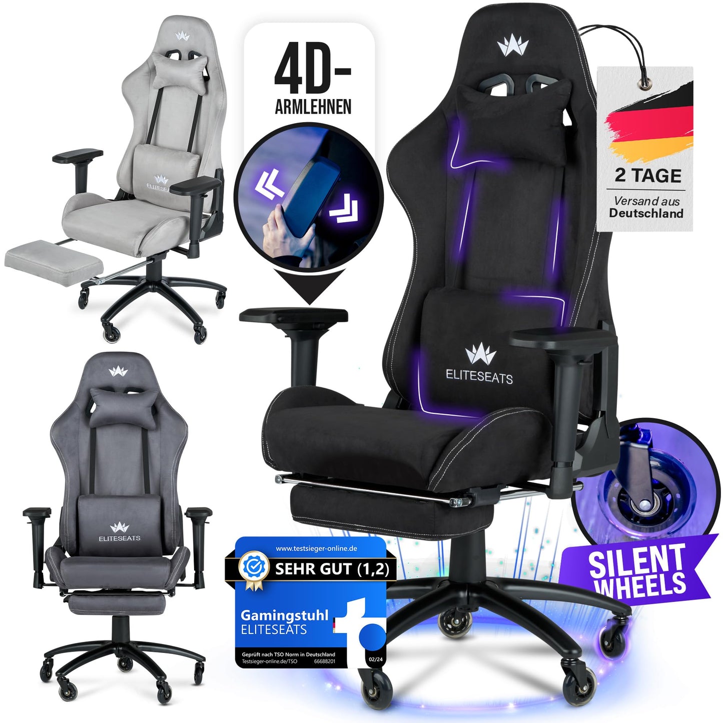 ELITESEATS Ergonomic Gaming Chair [Test Winner] Scratch-Free Wheels Breathable 4D Armrests with Footrest Ergonomic Gaming Chair Fabric 150 kg Load Capacity Gaming Chair Gaming Chair