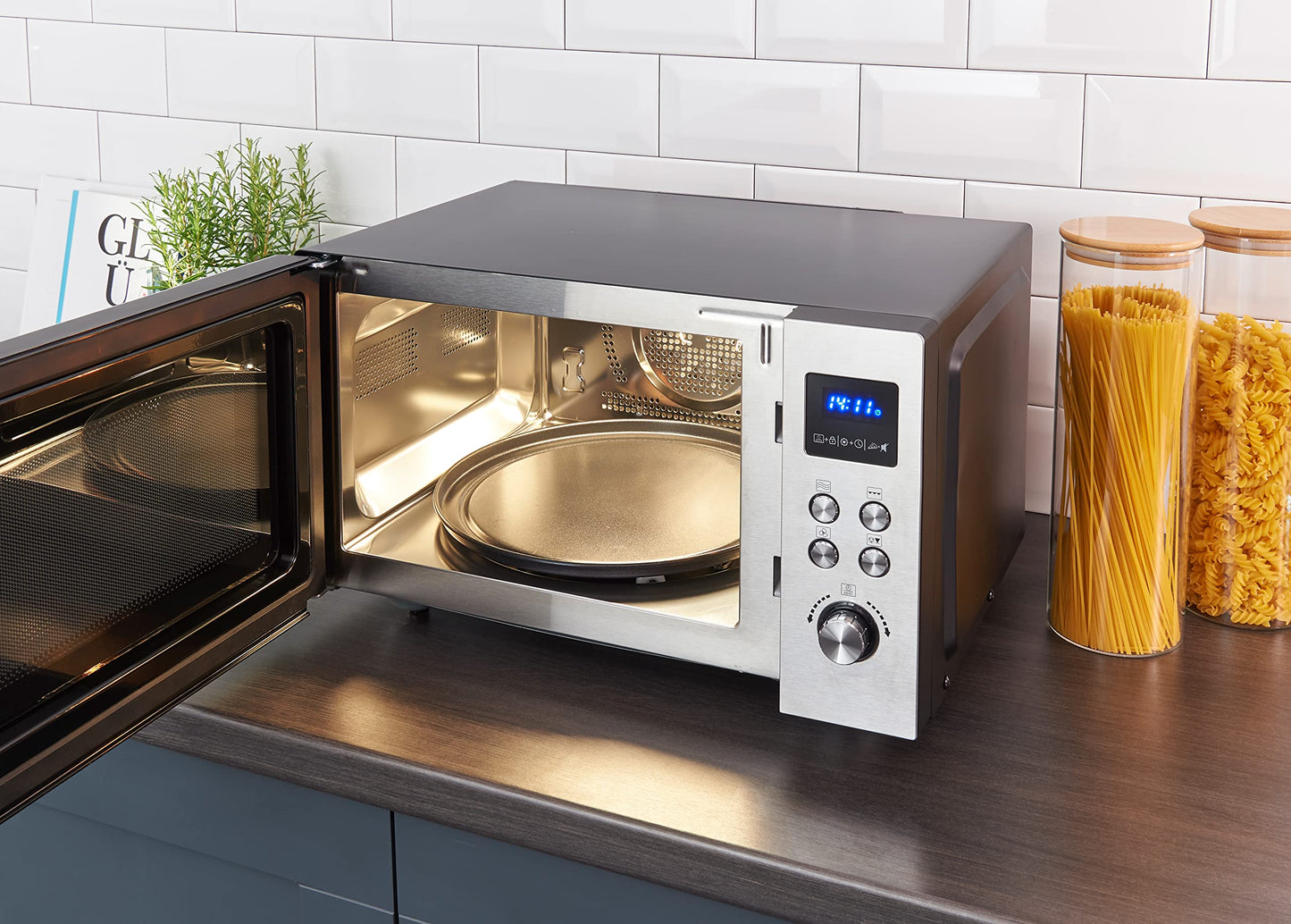 SEVERIN MW 7774 Microwave with Grill and Hot Air Function 3-in-1 for Defrosting, Cooking and Heating, Microwave with Turntable, Brushed Stainless Steel/Silver