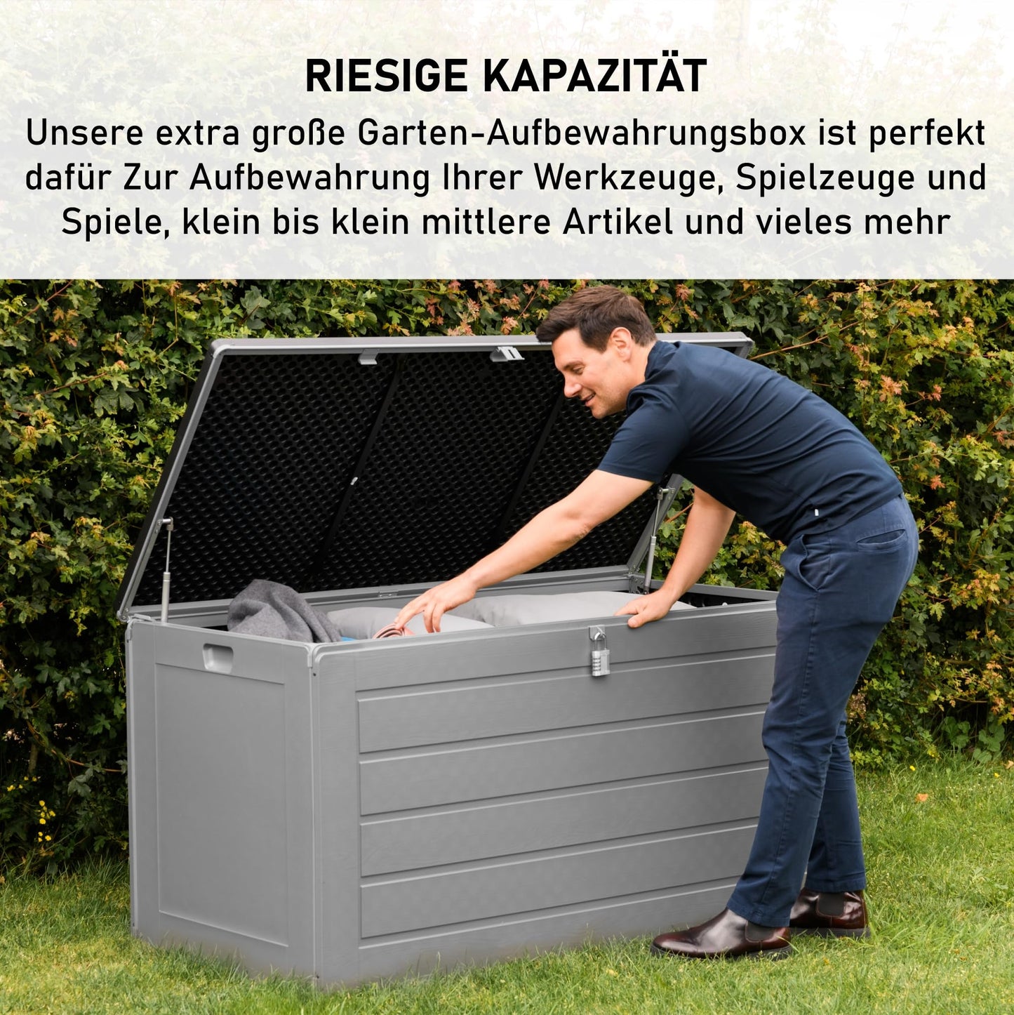 Olsen & Smith 270L Large Capacity Outdoor Garden Storage Box with Padlock Plastic Shed - Weatherproof and Stand Up with Wood Effect Chest (270L, Black)