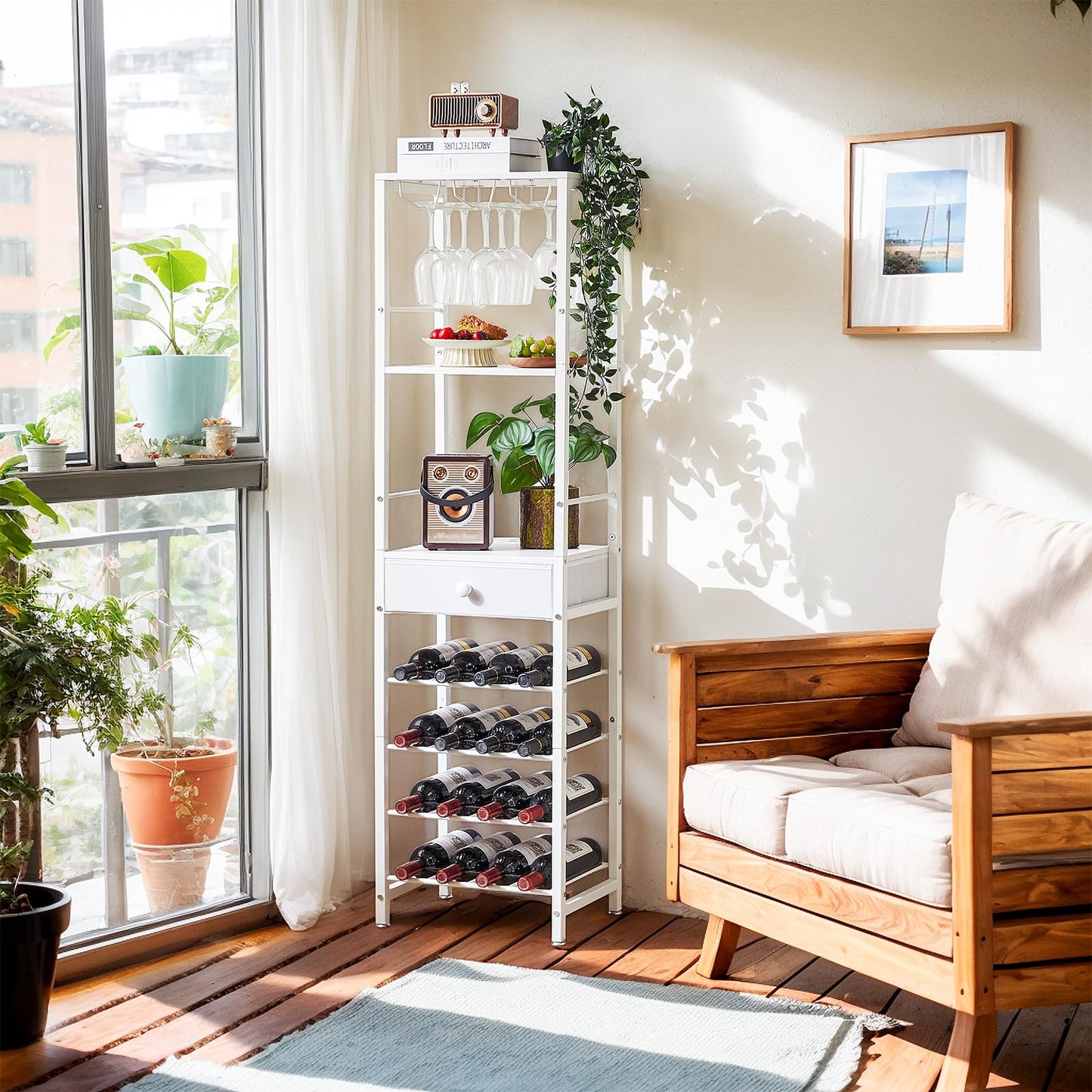 IBUYKE TMJ905H Wine Rack, 4-Layer Freestanding Wine Rack with Glass Holder and Drawer, 16 Bottle Rack, Countertop Wine Rack with Table Top Shelf, for Kitchen, Bar, Dining Room, Vintage Brown