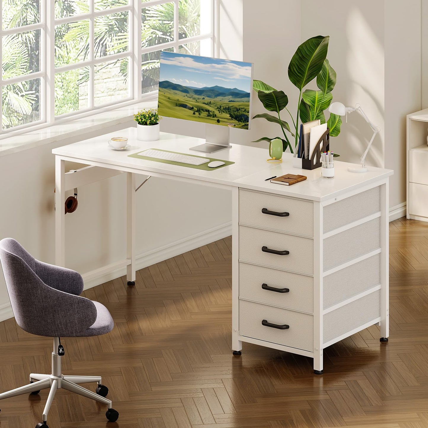 ODK Desk with 4 Drawers, 120 x 48 x 75.7 cm, Computer Desk with Headphone Holder, PC Table, Reversible Office Table, Wood for Home Office, White