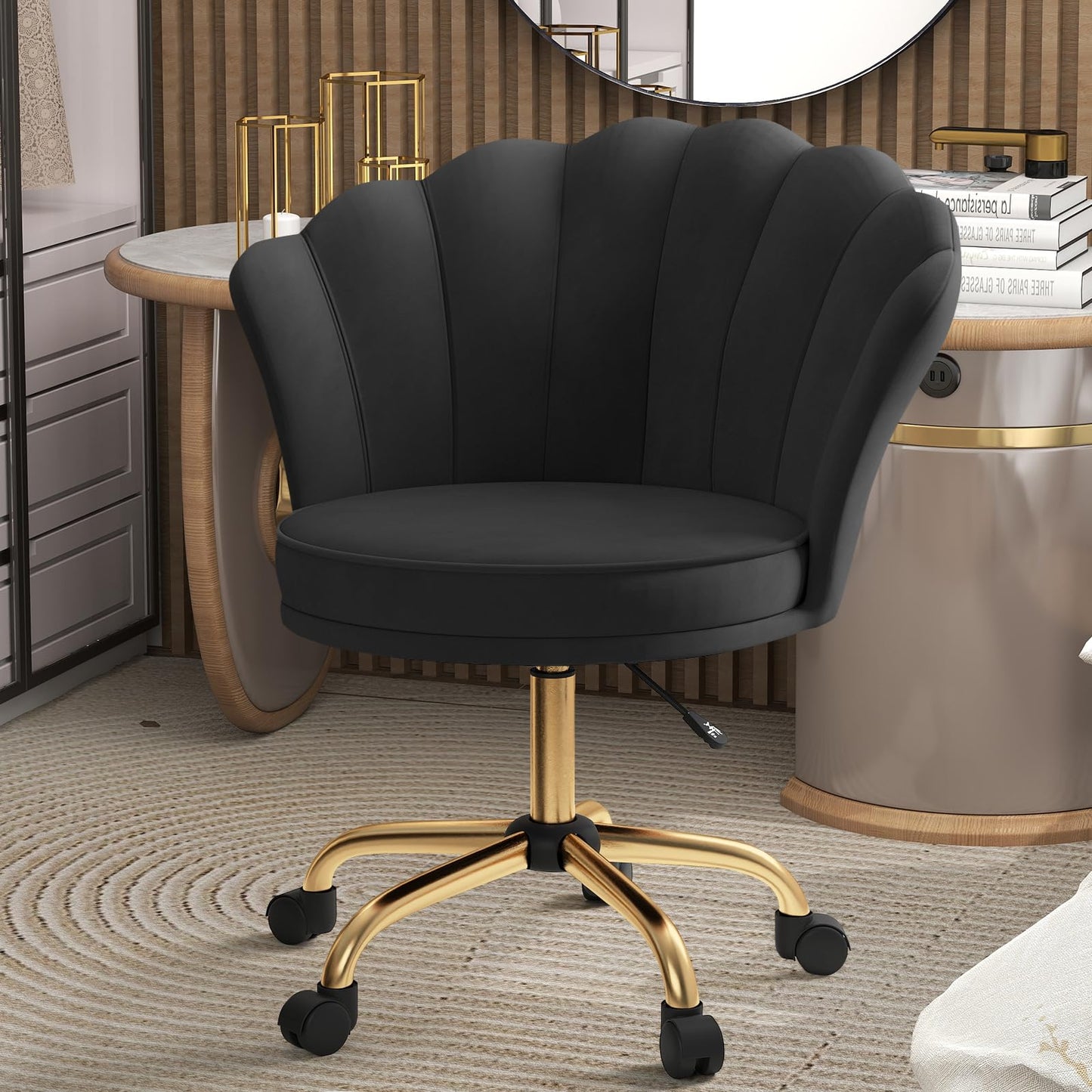 Home Office Chair, Dressing Chair, Velvet Chair, Petal Backrest, 360° Rotatable, Height-Adjustable, Ergonomic Office Chair, for Study, Bedroom, Maximum Load 120 kg, Beige