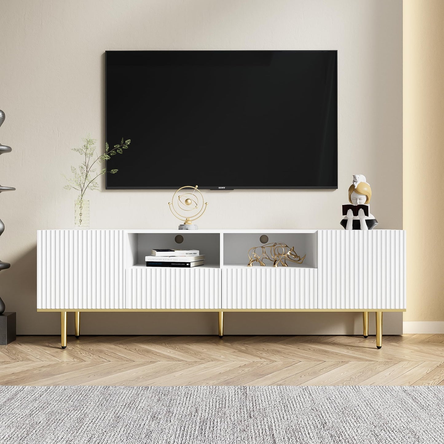 170 cm TV Cabinet with Textured Doors, TV Board with 4 Drawers, TV Cabinet with Oven Compartments, TV Cabinet for Living Room, TV Lowboard, Golden Handles and Feet, White