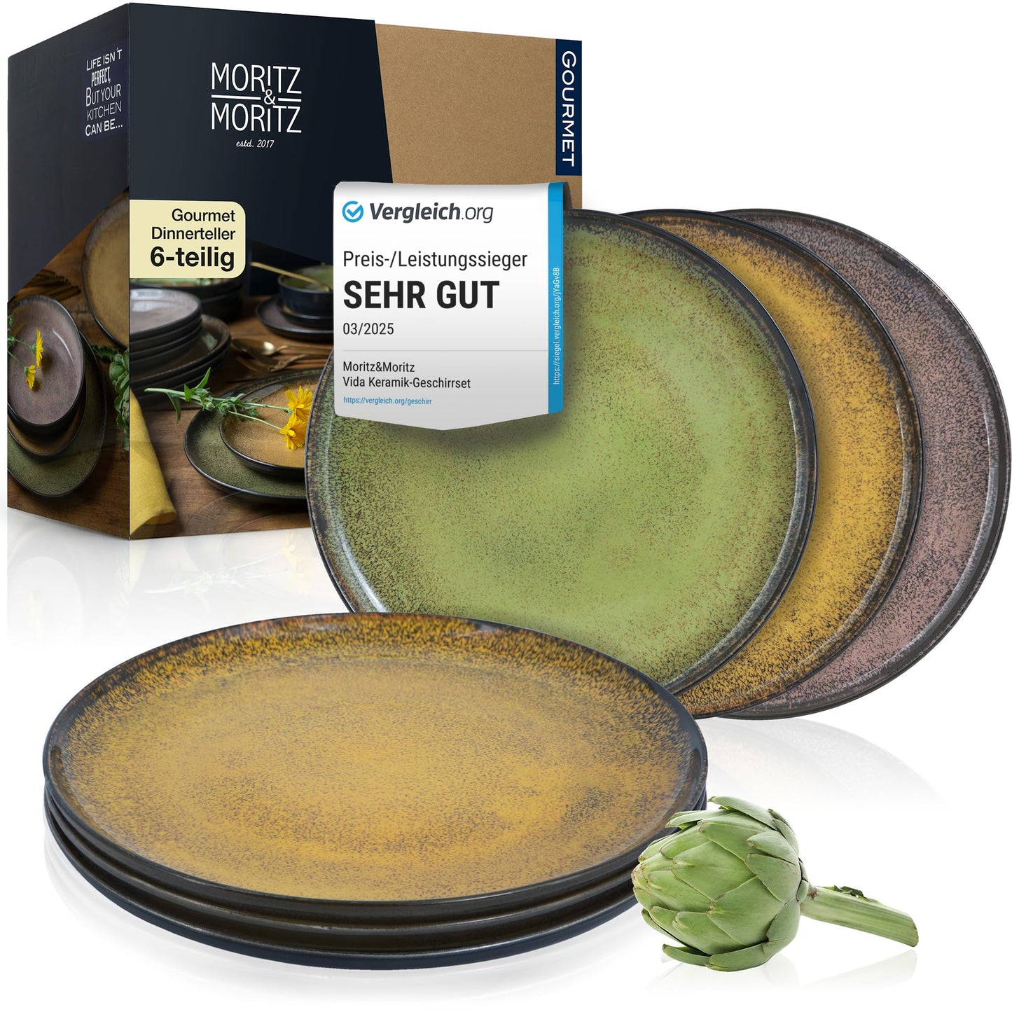 Moritz & Moritz Vida 18-Piece Crockery Set for 6 People, Elegant Plate Set Made of High-Quality Porcelain, Crockery Consisting of 6 x Dinner Plates, 6 x Dessert Plates, 6 x Soup Plates