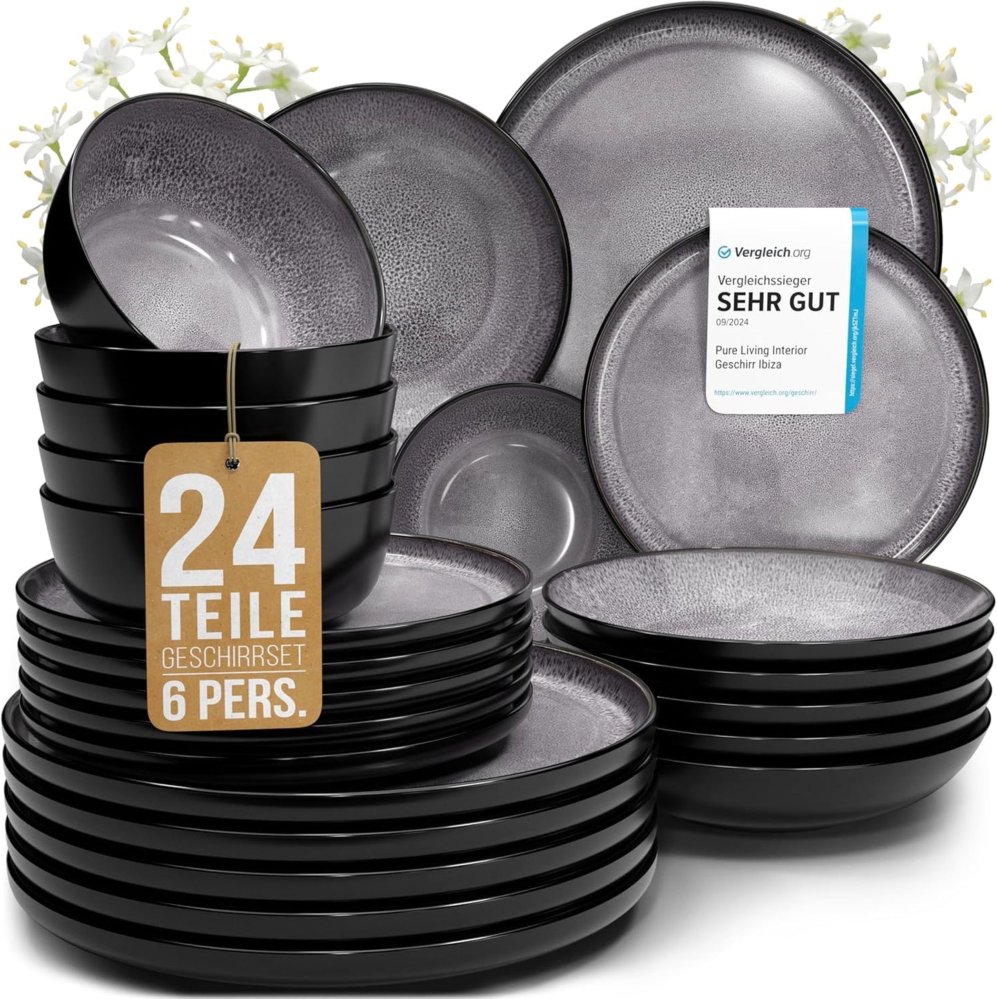 Pure Living Ibiza Stoneware Crockery Set for 12 People, 36-Piece Mediterranean Stoneware Tableware Set, ‘Very Good’ in Test, Bowl and Plate Set, Dinner Service for 12 People, Petrol