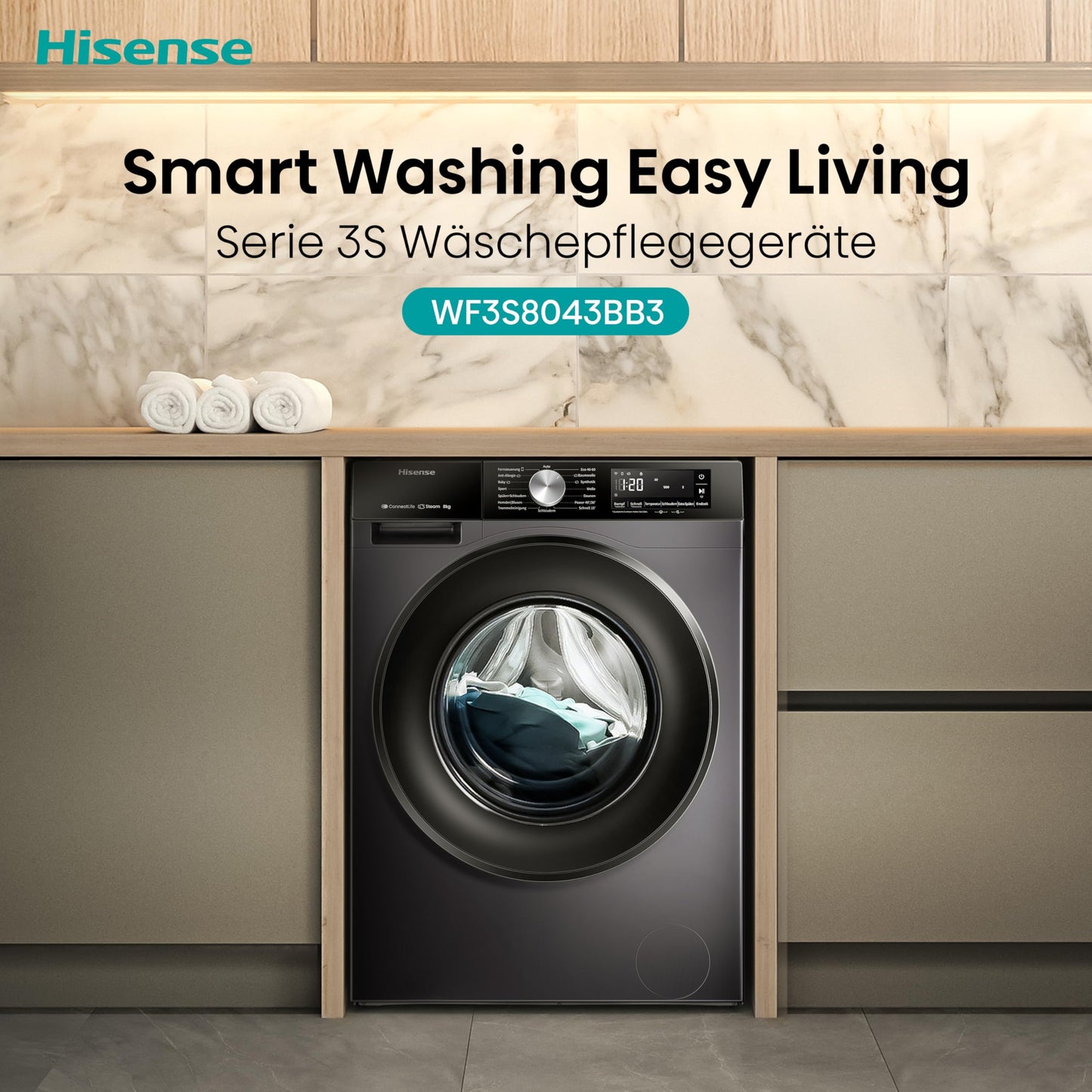 Hisense WF3S1043BW3 Washing Machine with Steam Function, 10.5 kg, 1400 rpm, 19 Programmes, WiFi, ConnectLife, Power JetWash, Aqua Stop, Auto Wash, Quick Wash, Steam Refresh, Energy EEK A-20 Percent