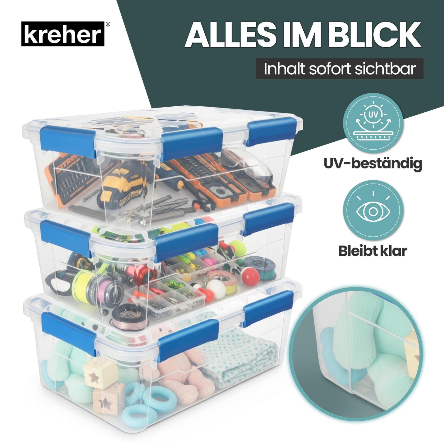Kreher® Waterproof Storage Box with Lid and Silicone Seal (IP67) Made of Durable Plastic in Various Sizes. Ideal for Wet Rooms, Basements, Garages, Camping etc. (2.50 Litres)
