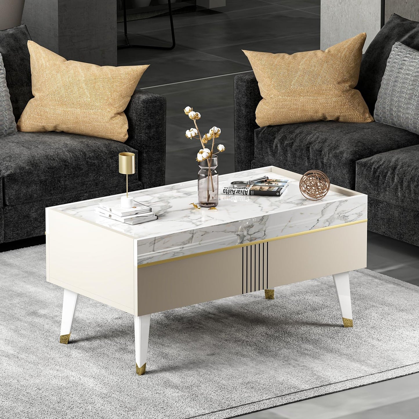 Homidea KARYA Coffee Table - Sofa Table - Living Room Table - Side Table in Elegant and Modern Design (Coffee Table - Beige/Marble)