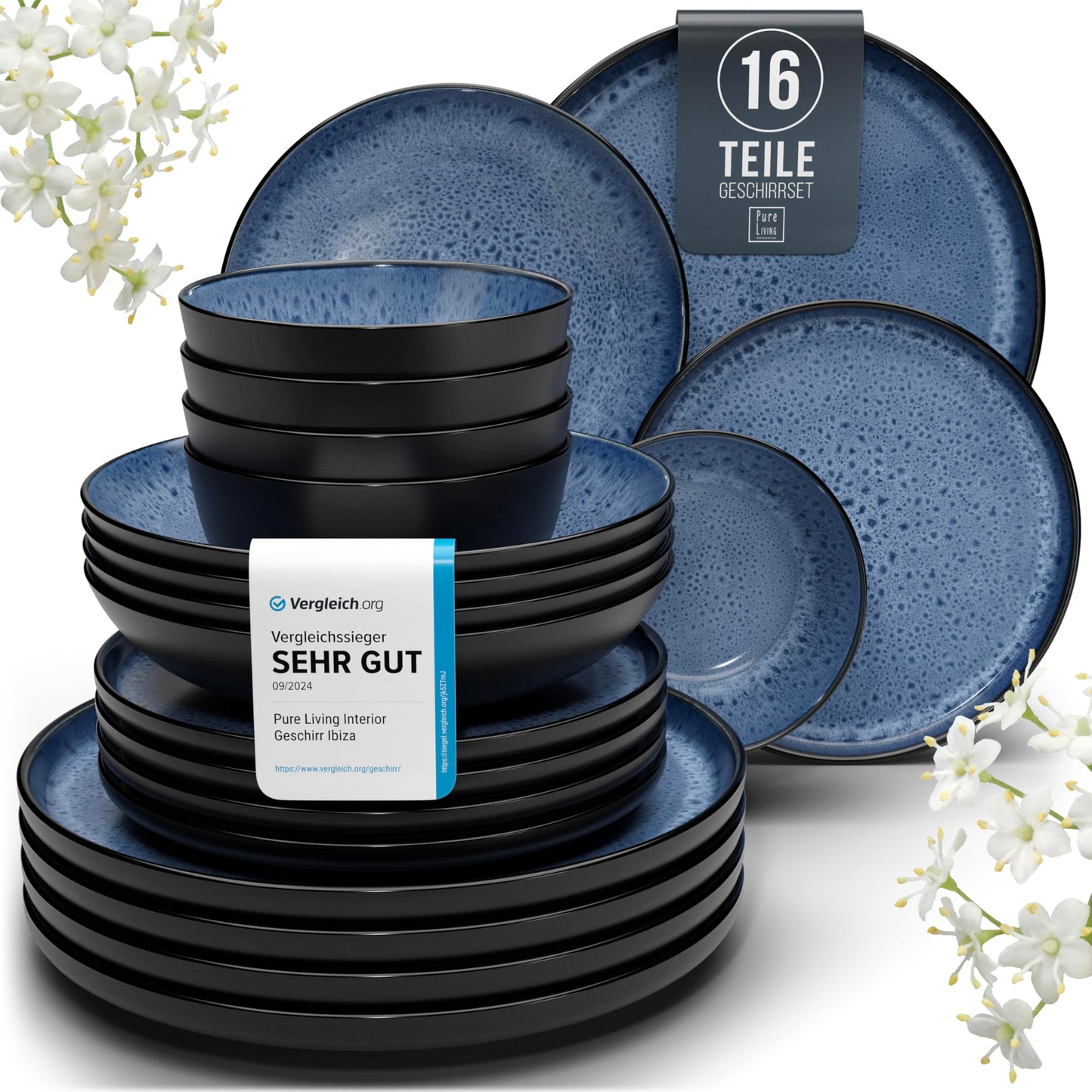 Ibiza Stoneware Crockery Set for 12 People, 48 Pieces, Test Winner, Dreamlike Mediterranean Stoneware Crockery Set, Bowl and Plate Set, Dinner Service for 12 People, Pure Living Crockery Sets in Deep