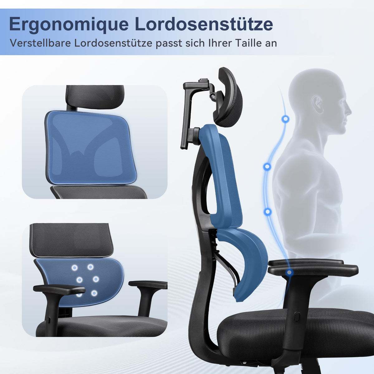 DEVAISE Ergonomic Office Chair with Adjustable Lumbar Support, High Backrest, Adjustable 3D Headrest, 5D Armrests, Rocker Function, Desk Chair for Office and Home Office, up to 180 kg, Black