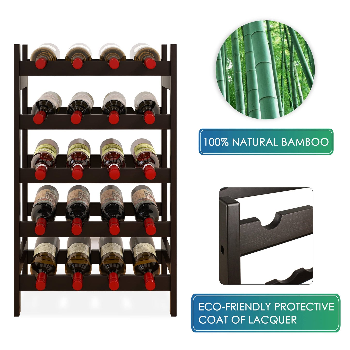 SMIBUY Bamboo Wine Rack, 20 Bottle Display Holder, 5 Tier Freestanding Storage Racks for Kitchen, Pantry, Basement, Bar (Black)