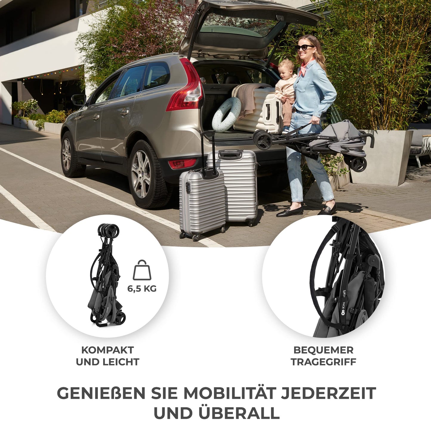 Kinderkraft TIK Kinderwagen, Liegebuggy, Sportwagen, Leicht - 6,5kg, Drehbare Vorderräder, Verstellbarer Griff, Stufenlose Einstellung der Rückenlehne, Schnelles Zusammenklappen, bis zu 17kg, Grau