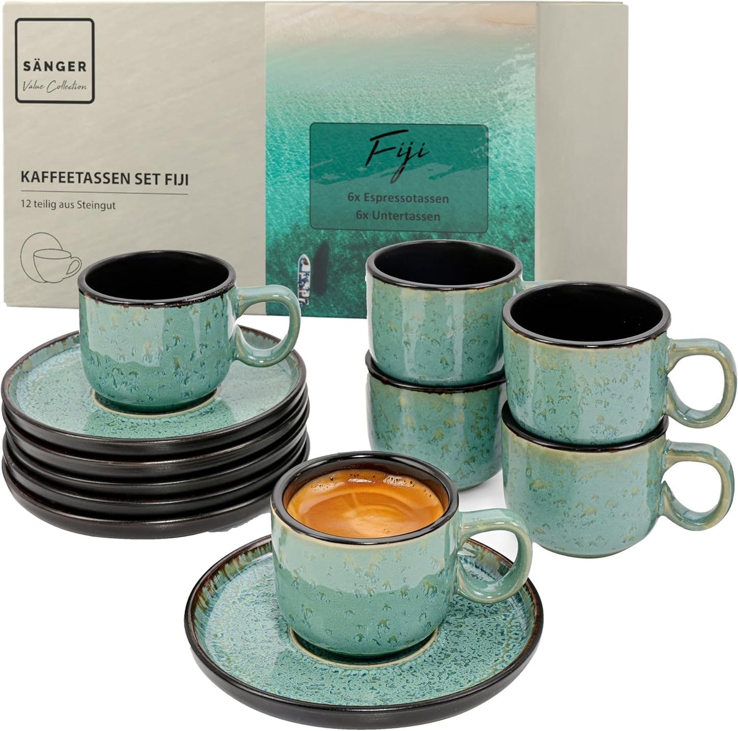 SÄNGER Manila Dinner Service for 6 People, Plate Set, Coffee Mug, Pasta Bowl, 30 Pieces, Stoneware Crockery Set, Dishwasher, Microwave, Scratch-Resistant, Blue with Black Rim, Value Collection