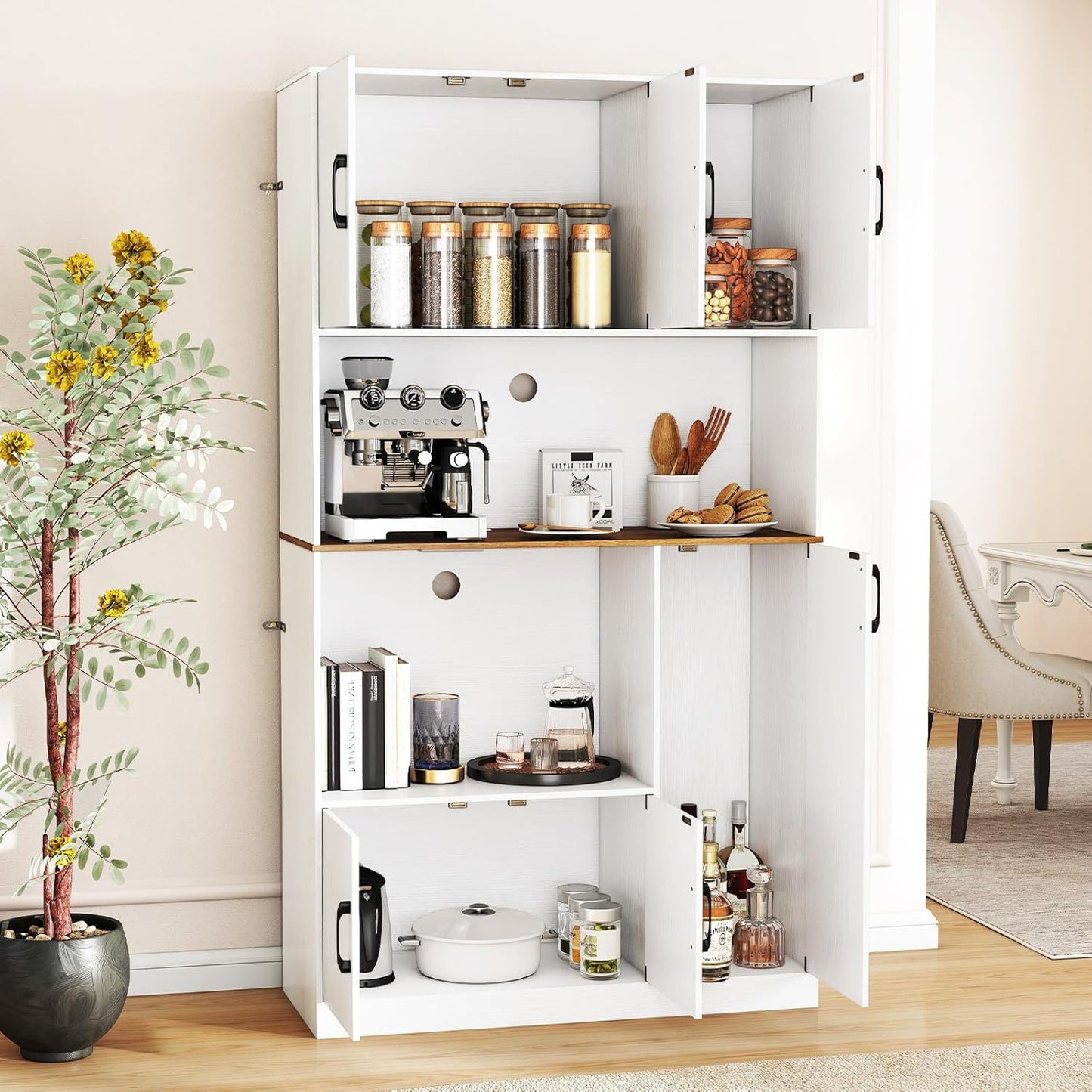 COSTWAY Wooden Kitchen Cabinet, Buffet Cabinet with Socket, Tall Cabinet with Doors & Worktop, Storage Cabinet for Kitchen & Living Room, 100 x 40 x 180 cm (White)