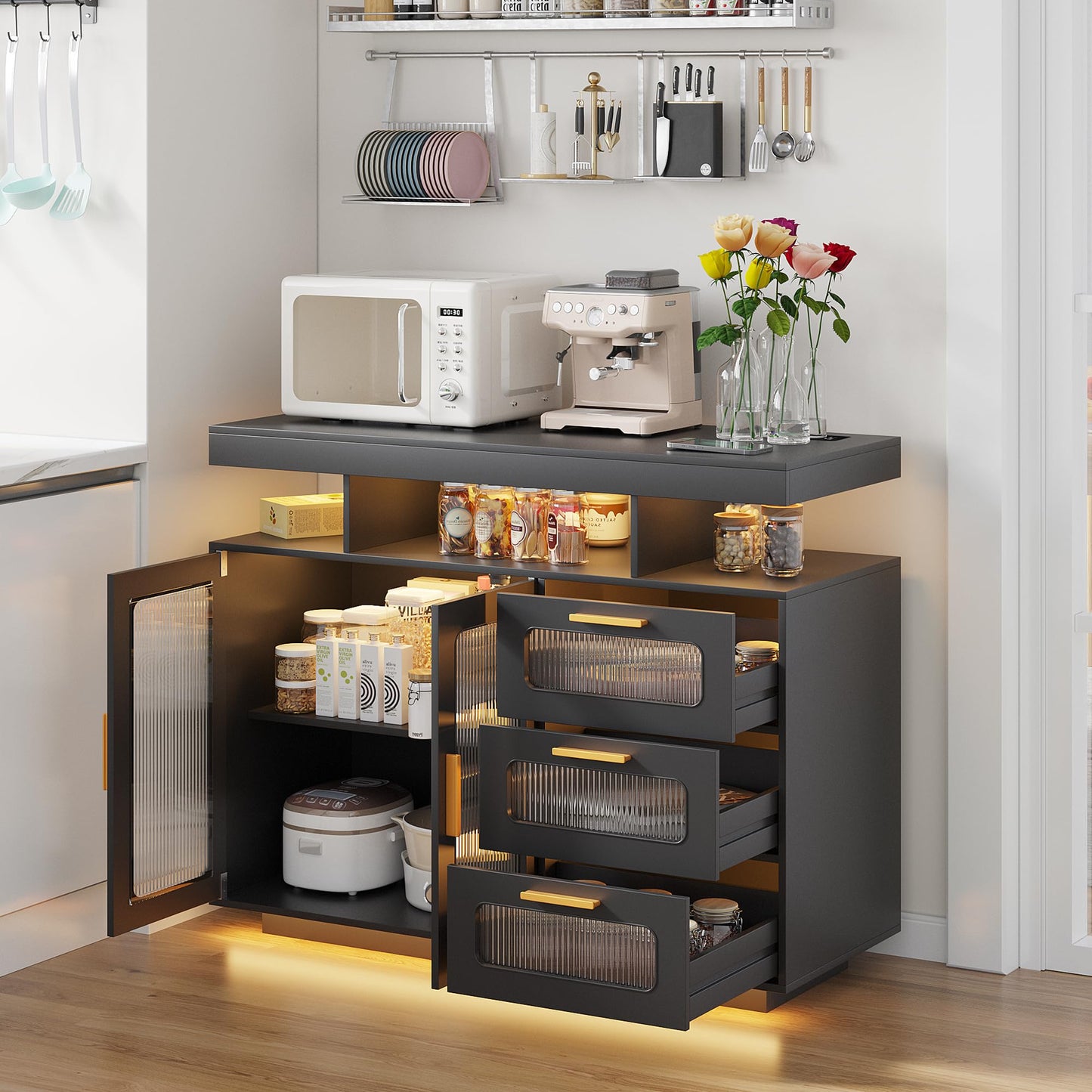 FREDEES RGB Kitchen Cabinet with Charging Station & LED Lighting, Sideboard Buffet Cabinet with Storage Space for Kitchen and Dining Room, Grey