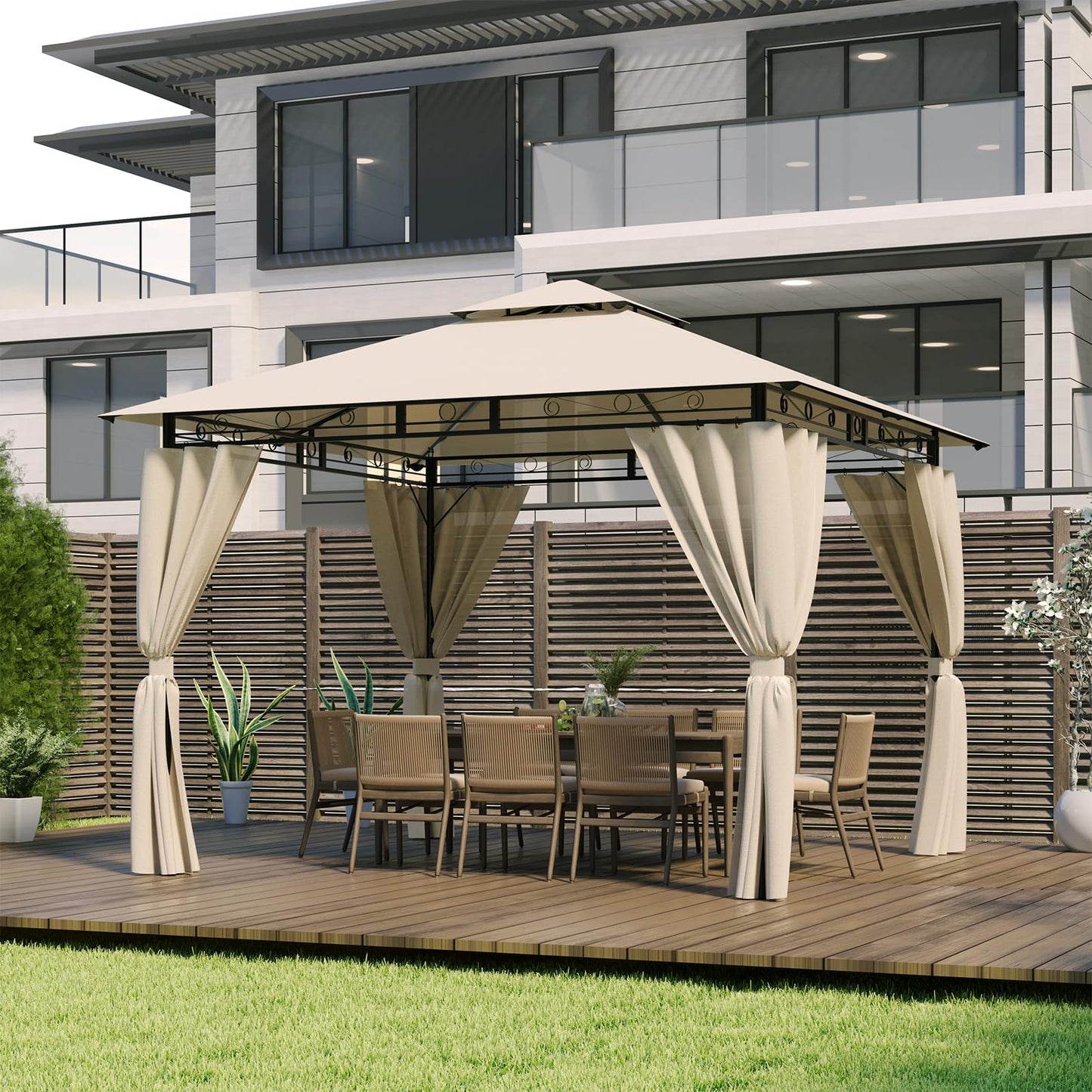 Devoko Garden Gazebo 3 x 3 Waterproof Stable Winterproof Deluxe Gazebo, UV Protection 50+ Double Roof Party Tent, Garden Tent, Patio Gazebo for Festivals, Events, Parties for 4-6 People, Beige