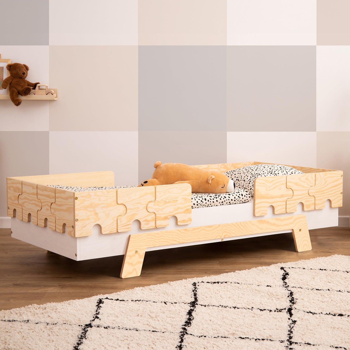 smartwood Kinderbett mit Lattenrost und Rausfallschutz Puzzle BR2 Montessori einzelbett für Jungen und Mädchen - Bett aus Kiefer Sperrholz mit Rausfallschutz und Lattenrost - Grau - 90x200 cm