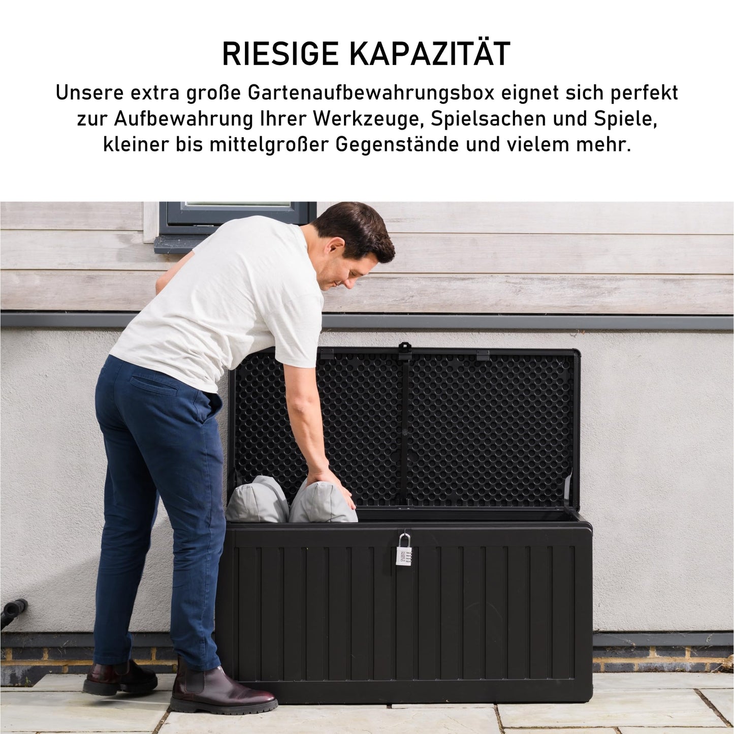 Olsen & Smith 270L Large Capacity Outdoor Garden Storage Box with Padlock Plastic Shed - Weatherproof and Stand Up with Wood Effect Chest (270L, Black)