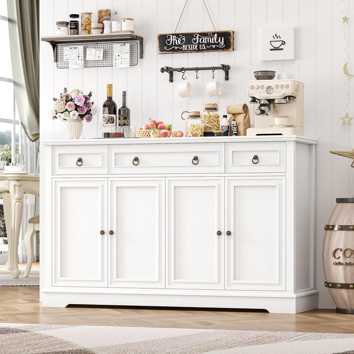 FirFurd Sideboard Kitchen Cabinet with Worktop Buffet Cabinet Sideboard for Kitchen Living Room Cabinet with 3 Drawers and 4 Doors Kitchen Buffet with Adjustable Shelf 134 x 87 x 40 cm White