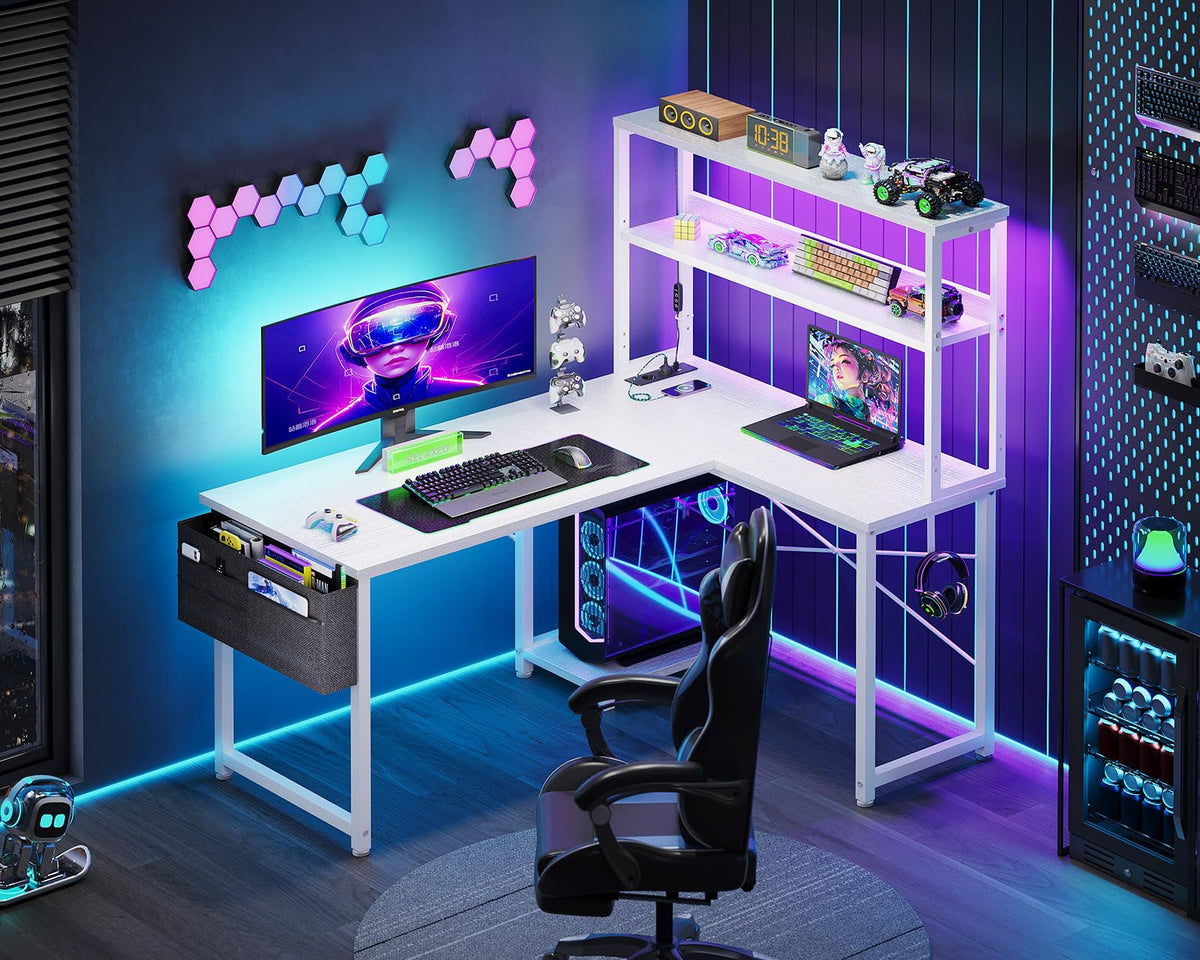 Coleshome Gaming Table L Shape with LED & Sockets, 135 × 100 cm Reversible Gaming Desk with Storage Shelves, Corner Desk with Storage Bag for Home Office and Gaming, Black
