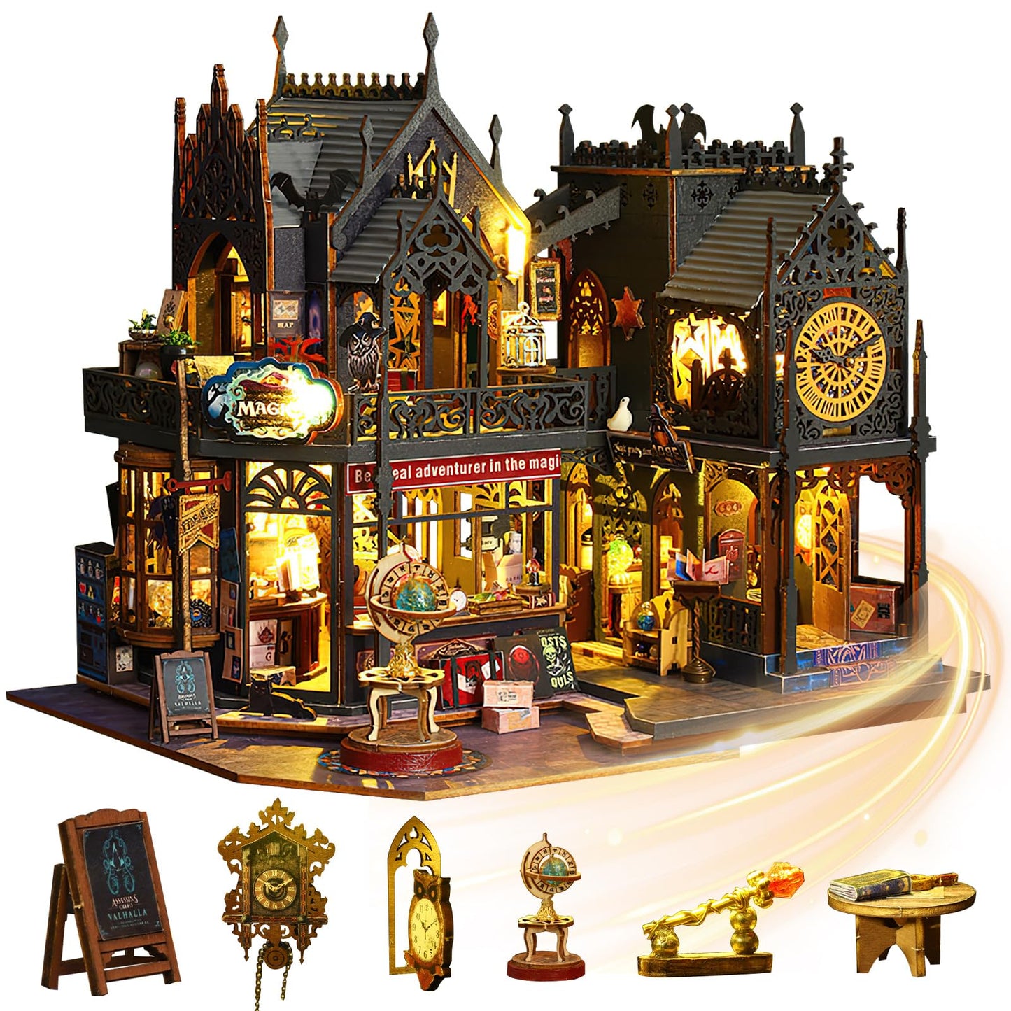 Mostop DIY Miniature Dollhouse Kit,Wooden Dollhouse Construction Kit,Miniature House Kit with LED Light und Bewegungen,Creative Room Idea for Children/Adults,Magic House,DIY Kits (Twilight Book City)