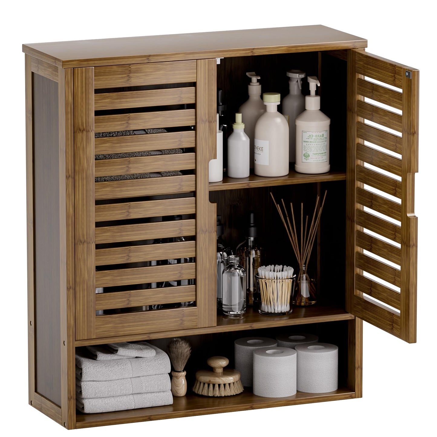 SMIBUY Bathroom Cabinet, Wall Mounted, Bamboo Over the Toilet Storage Organiser, Space Saving Medicine Cabinet with 2 Doors and Adjustable Shelves (Black)