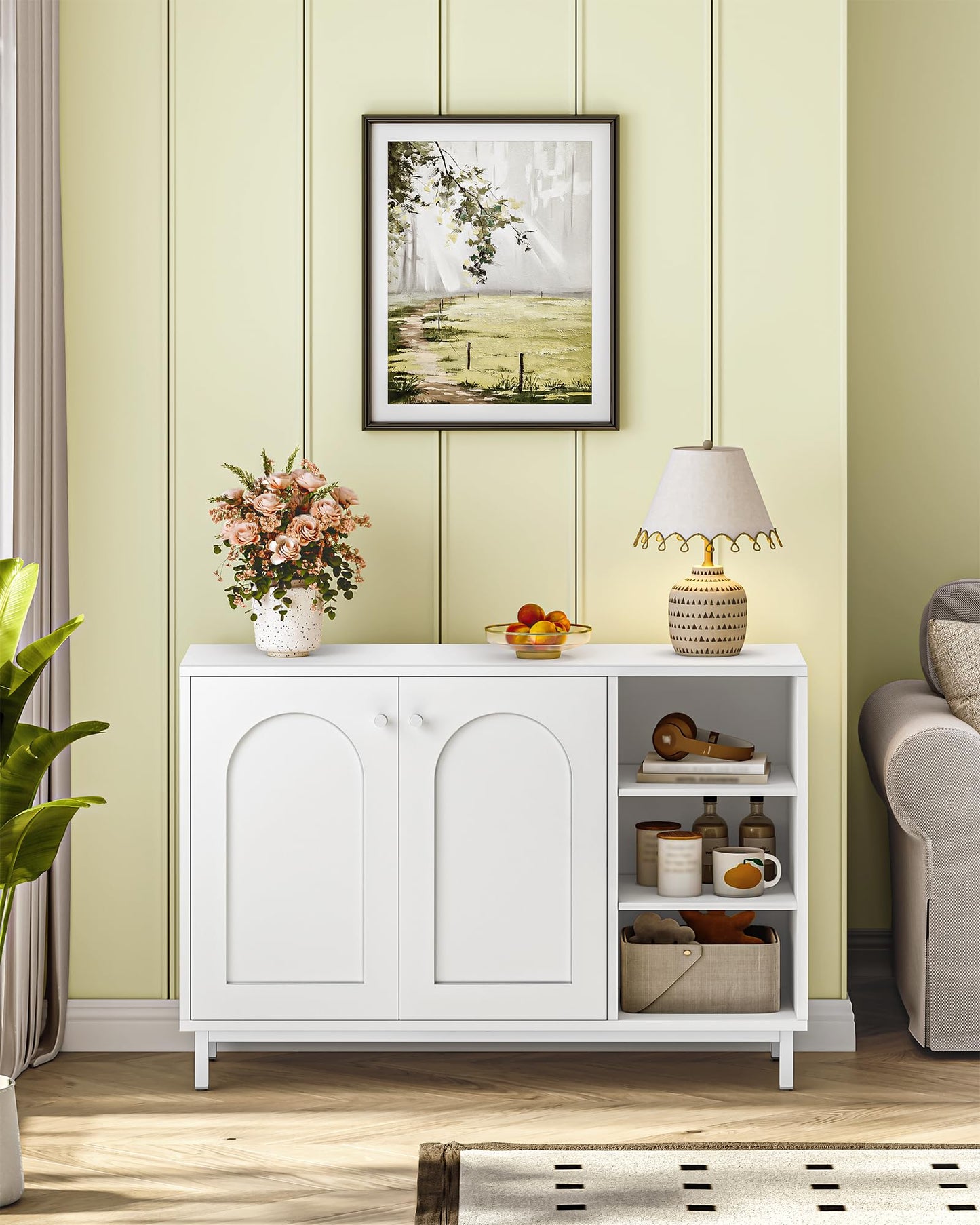 Hzuaneri SC10203G Bathroom Cabinet, Kitchen Cabinet with 2 Doors, Side Cabinet, Sideboard with Open Compartment, Chest of Drawers, Adjustable Shelf, Bathroom, 35 x 100 x 75 cm, White Gold