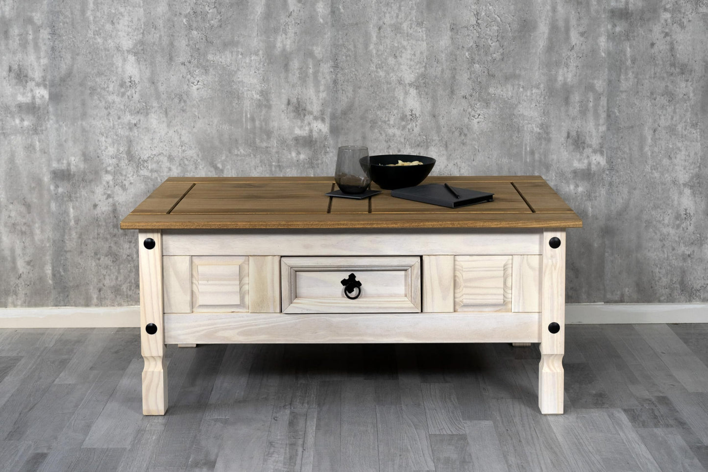 SAM Cancun Coffee Table Solid Pine Wood Side Table with Drawer White Varnished Honey Top Plate Black Metal Handle Mexico Furniture