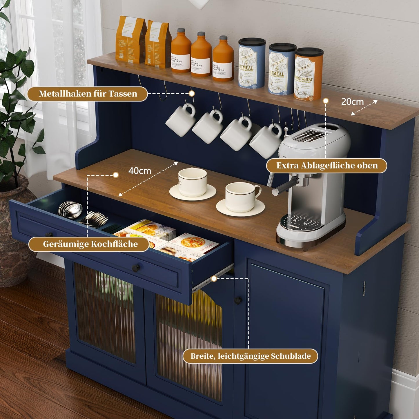 HOLTICO Küchenschrank mit Arbeitsplatte, Küchenbuffet Buffetschrank Grün, Weinschrank mit Schublade und Oberer Ablage, Kommoden & Sideboards für Wohnzimmer, Esszimmer