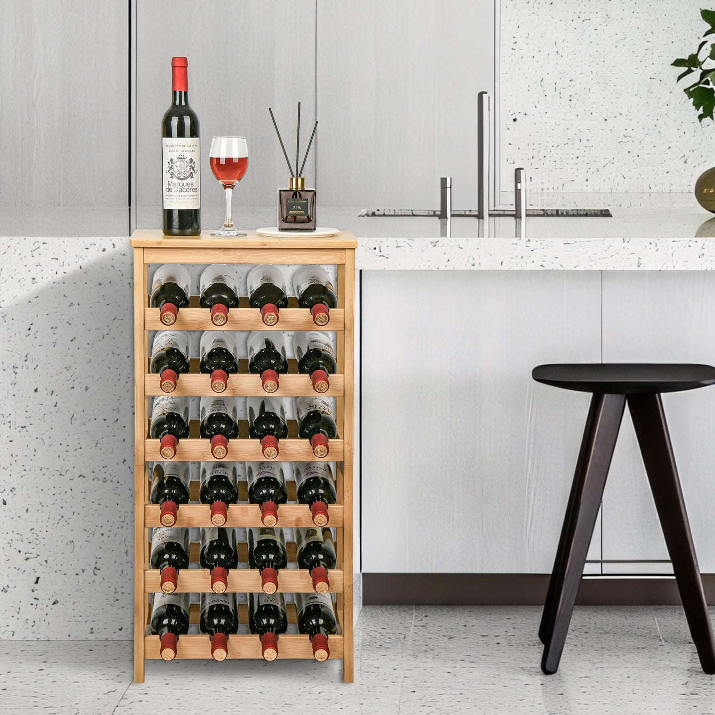VASMIA Bamboo Wine Rack for 24 Bottles, Bottle Rack with 6 Levels for Cellar, Kitchen, Bar, Dining Room, Bottle Holder Wood with Table Top 41 x 24 x 81 cm, Natural