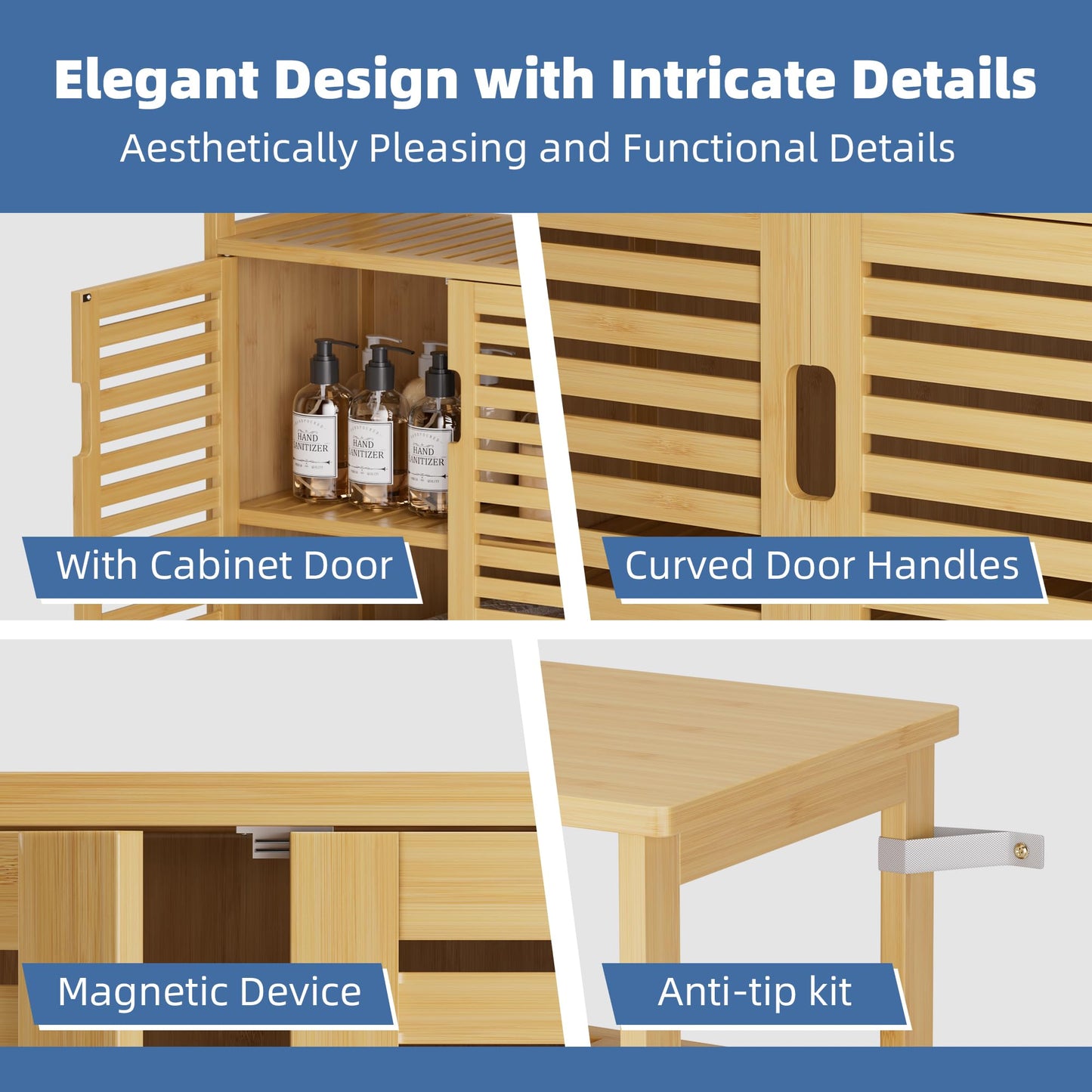 HITNET Bathroom Cabinet Bamboo Black Bathroom Cabinet with 2 Doors Freestanding Cabinet for Bathroom, Living Room and Bedroom