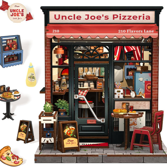 Fsolis Book Nook Kit - DIY Häuser Bausatz mit LED Beleuchtung - Retro Miniatur Bücherregal Deko Jugendliche und Erwachsene(Uncle Joe's Pizzeria)